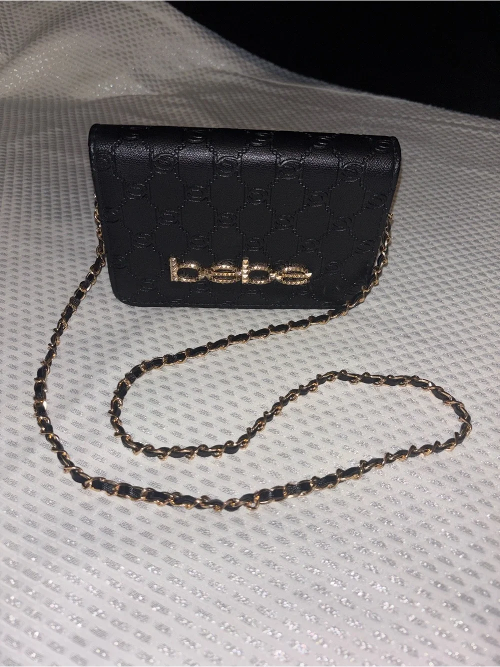 bebe Black Embossed Logo Chain Detail Crossbody / Wallet